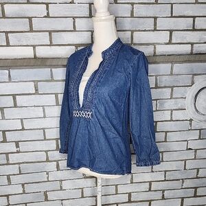 • Vintage Country Door 3/4 Sleeve Denim Jean Blouse Top Size Small Blue & White